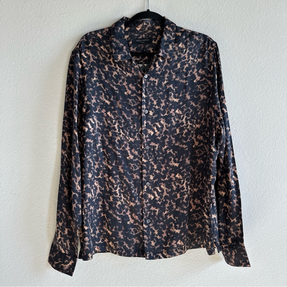 AllSaints Tortoise Shell Camp Collar Animal Print Long Sleeve Shirt